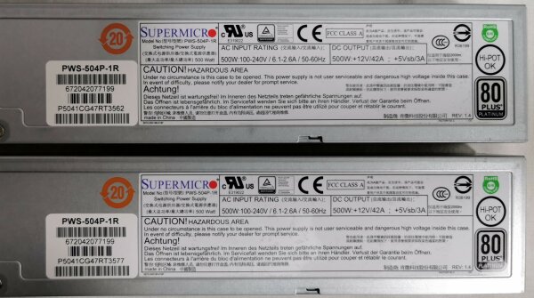 Supermicro Chassis CSE-815 -2x 500W redundantes Netzteil - 80Plus Platinum - 2x PWS-504P-1R - mit Ohren, mit Caddys