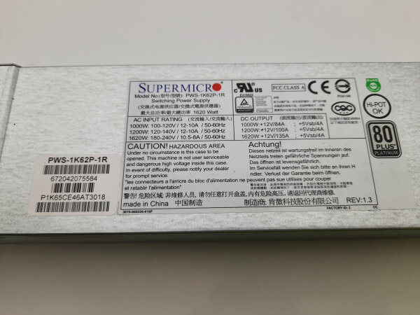 Supermicro PWS-1K62P-1R 1620W 1U HotSwap 80 PLUS Platinum PSU Netzteil Server