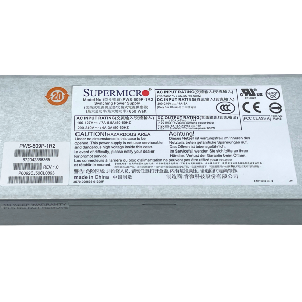 Supermicro 1U Redundantes Hot SwapNetzteil PWS-609P-1R2 650W 80Plus Platinum PSU