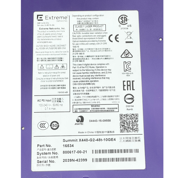 Extreme Networks Switch 48x 1GbE 4x SFP+ 10G Summit X440-G2-48t-10GE4 Layer 3