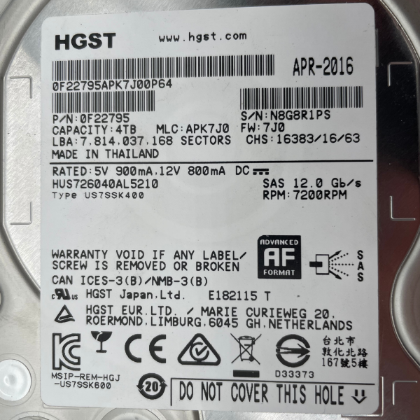 HGST Ultrastar 7K6000 4TB SAS 12G HDD 3.5" 7200rpm 128MB HUS726040AL5210 0F22795