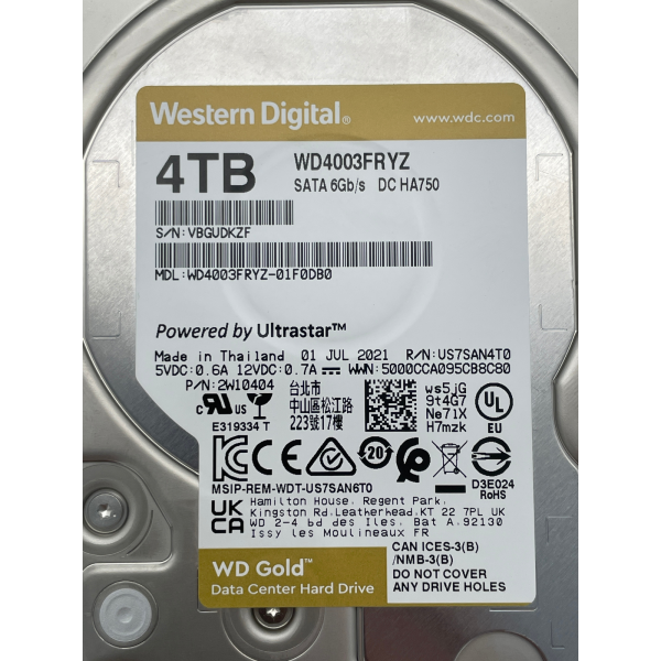 WD Gold 4TB 3.5" SATA III Enterprise HDD WD4003FRYZ-01F0DB0