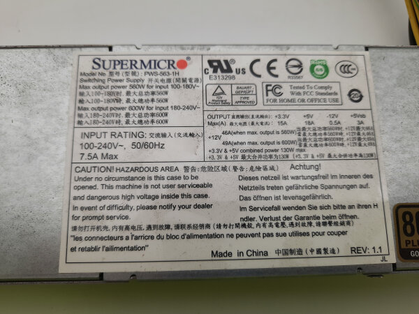Supermicro Netzteil PWS-563-1H 600 Watt 1U 80 PLUS Gold Server PSU
