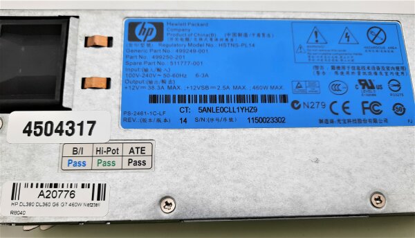 HP HSTNS-PL14 Netzteil 460W 1U
